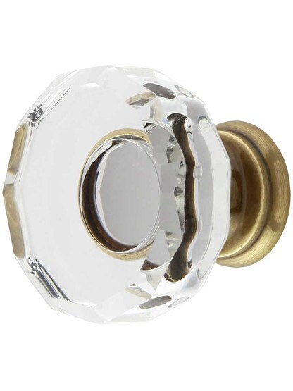 Lowell Crystal-Glass Cabinet Knob - 1 3/8 inch Diameter in Antique Brass.
